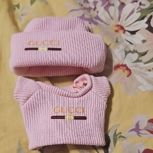 Kids Pink Ribbed Hat and Sweater Set For A Doll Or Labubu